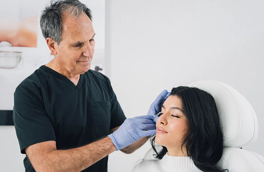 Women with black hair getting an injectable while sitting up in exam chair. The doctor, wearing blue latex gloves and black scrubs carefully gives the injection. - Liquid Facelift in Bryn Mawr, PA